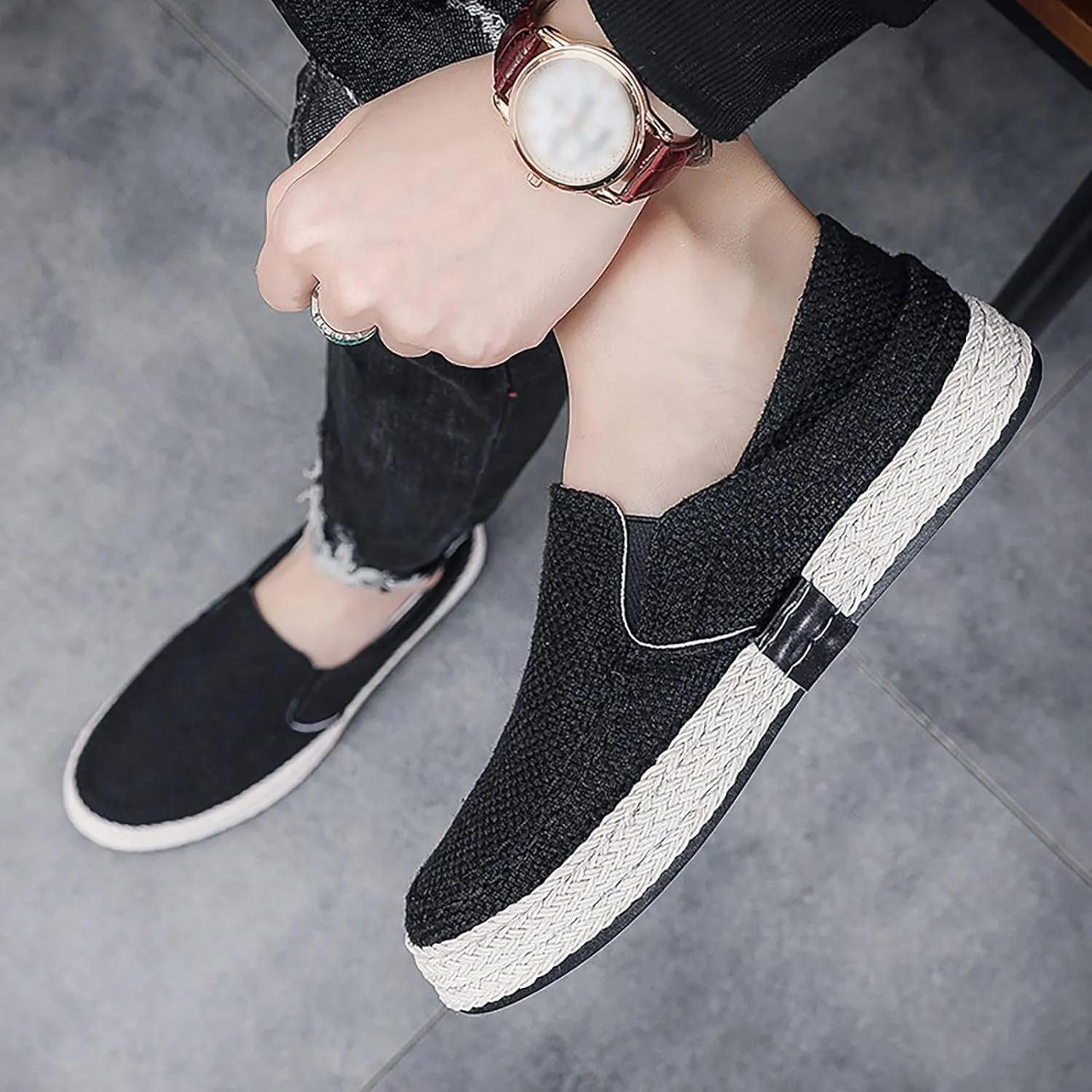 2025 Men's New Spring and Fisherman's Shoes Canvas Thick Soled Slip On Mens Canvas Lace Shoes