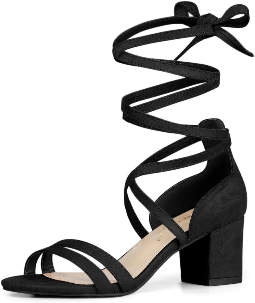 Allegra K Women's Open Toe Color Block Heel Lace Up Sandals