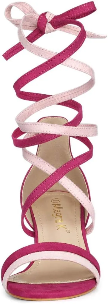 Allegra K Women's Open Toe Color Block Heel Lace Up Sandals