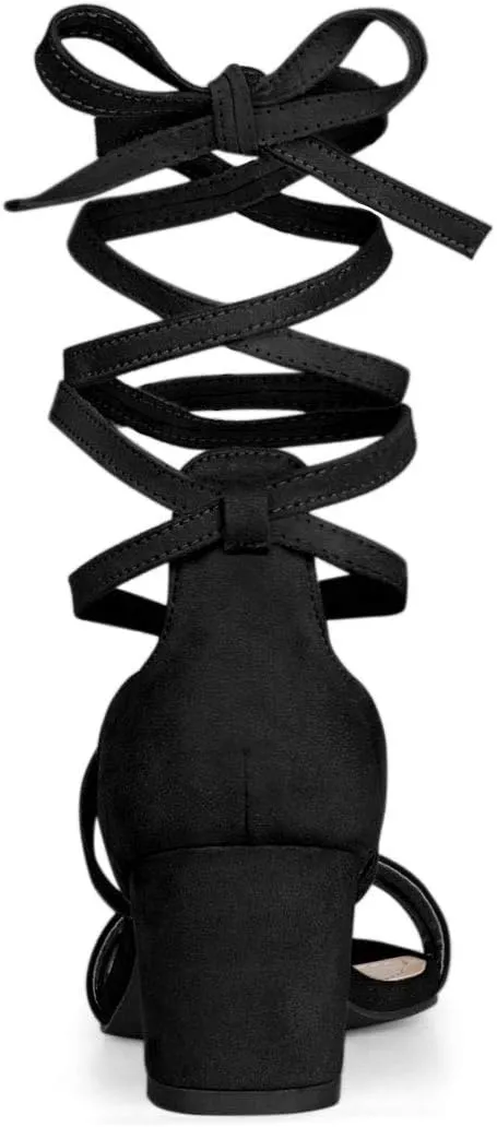 Allegra K Women's Open Toe Color Block Heel Lace Up Sandals
