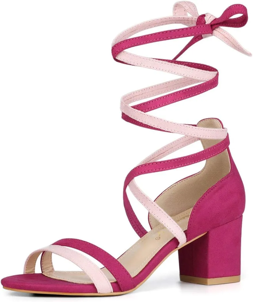 Allegra K Women's Open Toe Color Block Heel Lace Up Sandals
