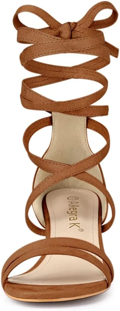 Allegra K Women's Open Toe Color Block Heel Lace Up Sandals