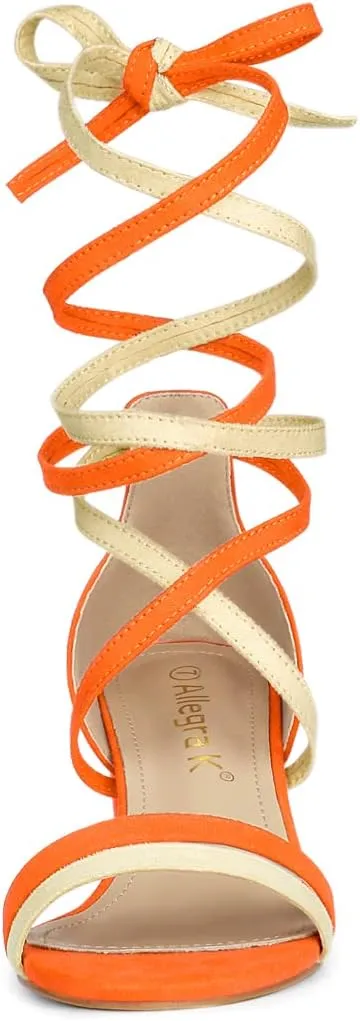 Allegra K Women's Open Toe Color Block Heel Lace Up Sandals