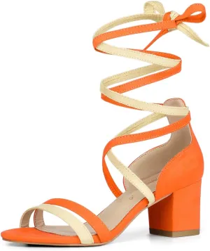Allegra K Women's Open Toe Color Block Heel Lace Up Sandals
