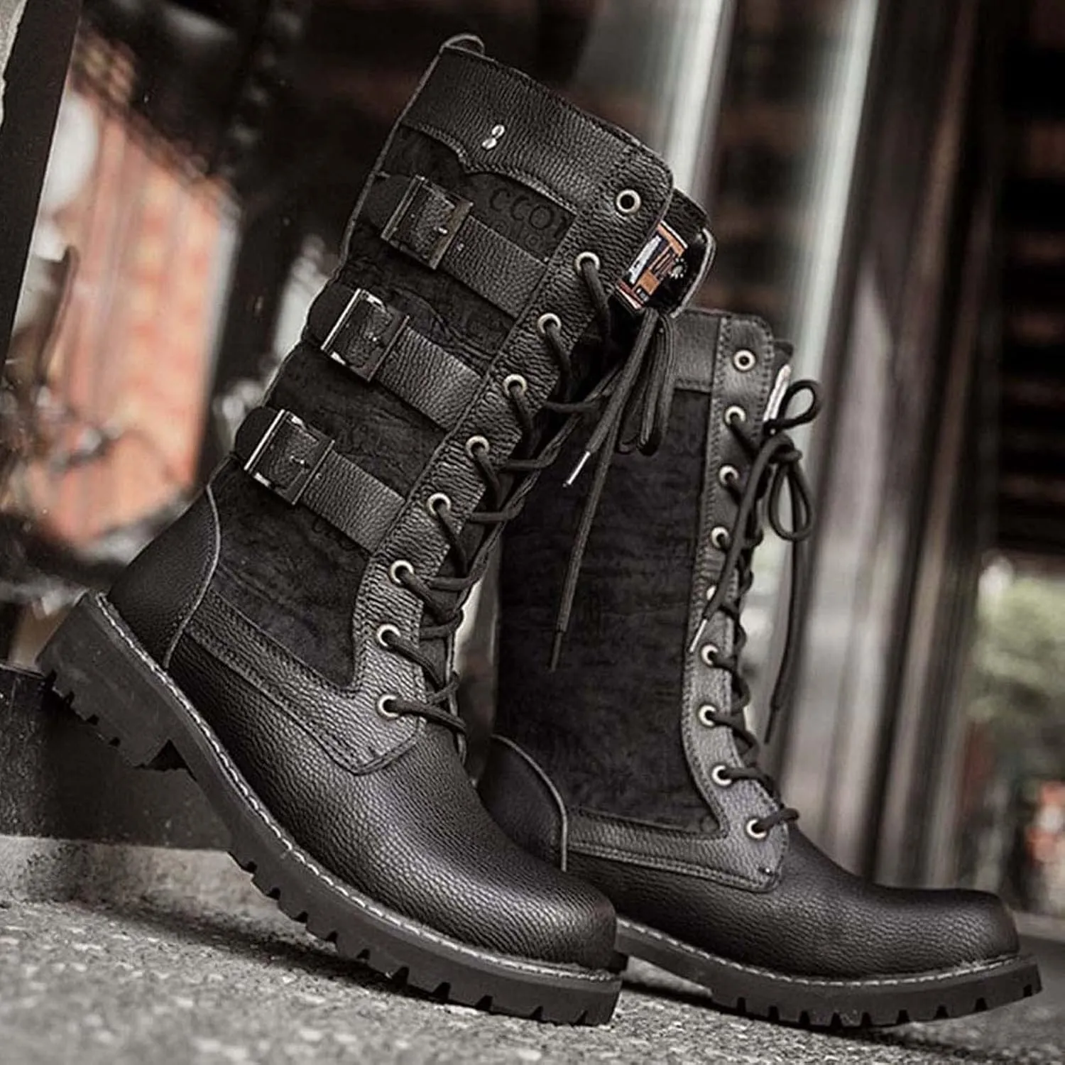Black Men's Lace Up Leather Lightweight Military Tactical Work Boots Slip Resistant Motorcycle Combat Boots