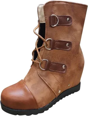 Boots for Women Wedges Ankle Booties Retro V Cutout Comfy Short Boots Color Block Chunky Block Heels Shoes 52