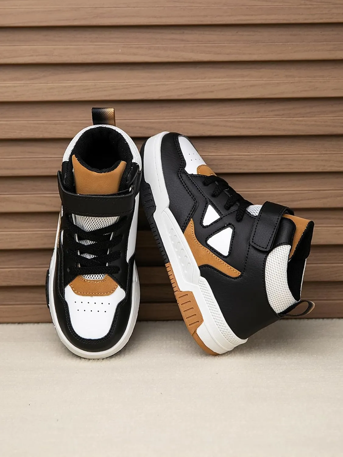 Boys Girls Outdoor Sports Board Shoes with Leather Upper, Breathable and Comfortable with Soft Padded Neck, Fashionable Retro Street Style, Basketball Shoes Suitable for All Seasons