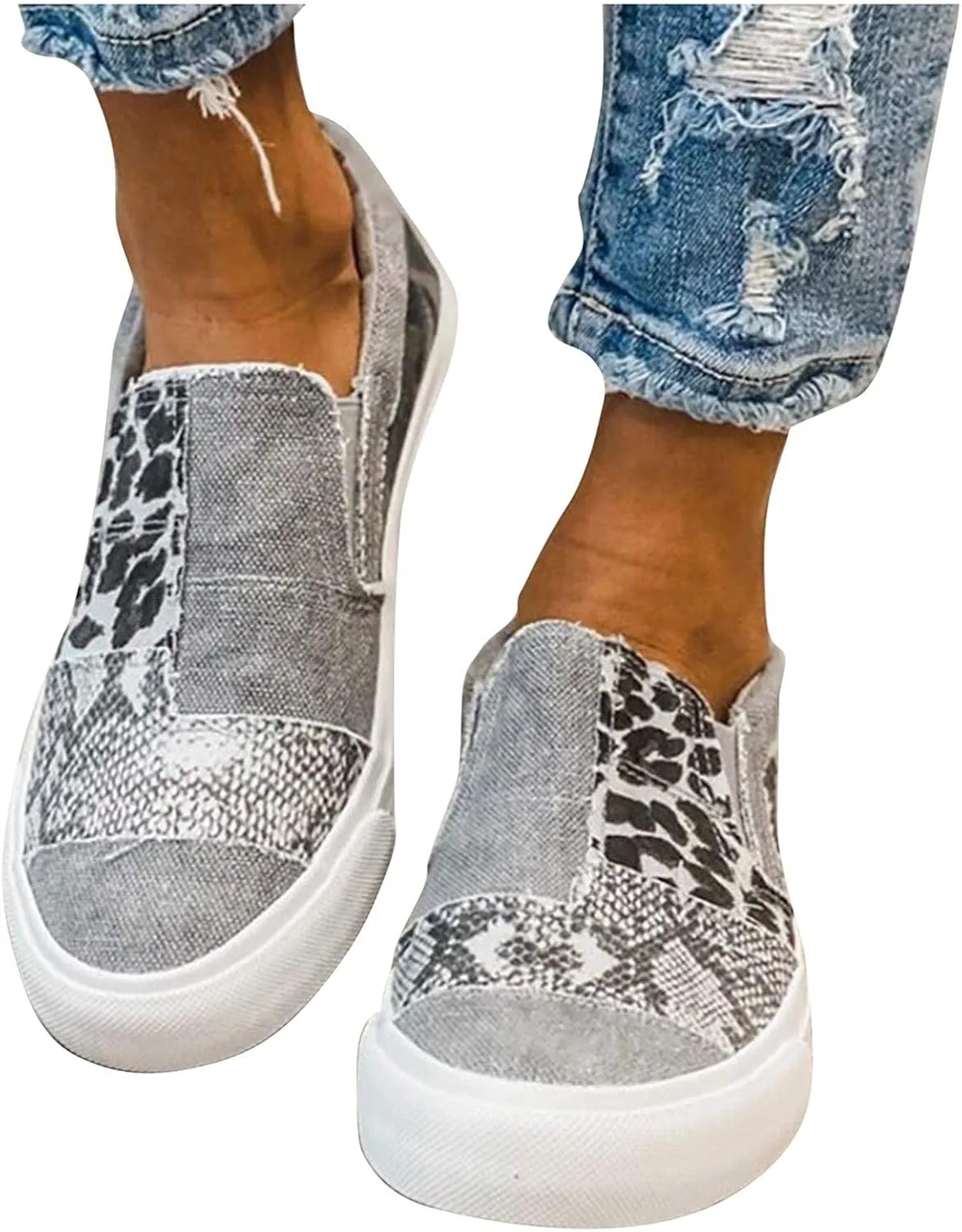 Casual Shoes for Women Summer Lightweight Snakeskin Stitching Flat Canvas Shoes Comfortable Round Toe Slip On Low Cut Sneakers Fashion Color Block Flat Shoe
