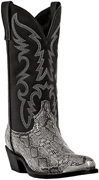 Cowboy Boots For Men Wide Calf Mid-Cylinder Embroidered Pointed Square Toe Chunky Block Heel Outdoor Work Boots