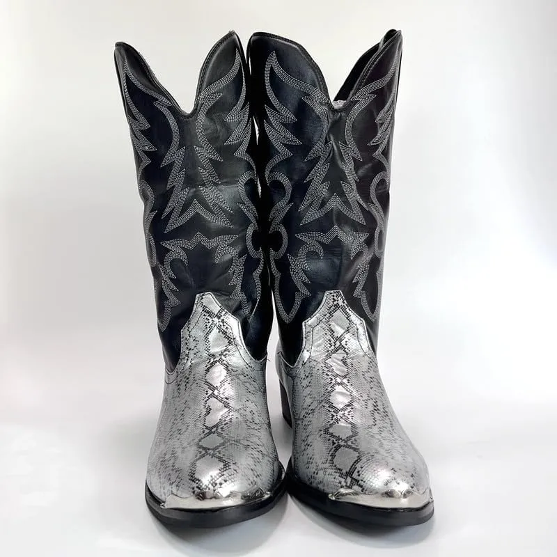 Cowboy Boots For Men Wide Calf Mid-Cylinder Embroidered Pointed Square Toe Chunky Block Heel Outdoor Work Boots