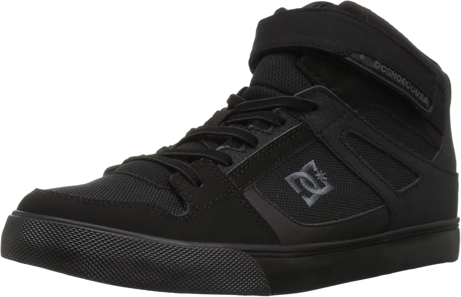 DC boys Pure High Top Ev With Ankle Strap and Elastic Laces Skate Shoe, Black/Black/Black, 1 Little Kid US