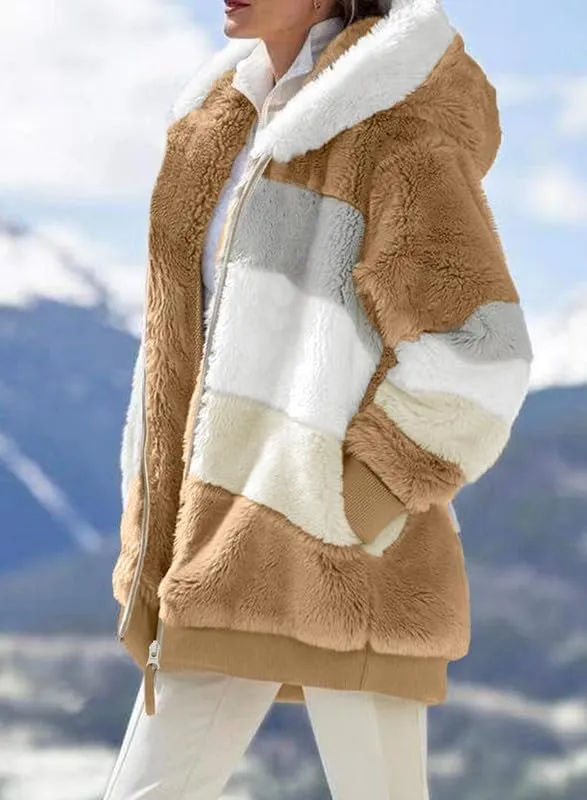 Dokotoo Womens 2024 Winter Fuzzy Fleece Jacket Hooded Color Block Patchwork Cardigan Coats Outerwear with Pockets