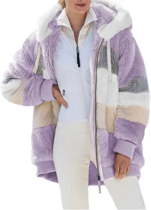Dokotoo Womens 2024 Winter Fuzzy Fleece Jacket Hooded Color Block Patchwork Cardigan Coats Outerwear with Pockets