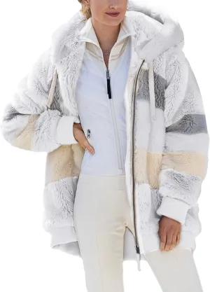 Dokotoo Womens 2024 Winter Fuzzy Fleece Jacket Hooded Color Block Patchwork Cardigan Coats Outerwear with Pockets