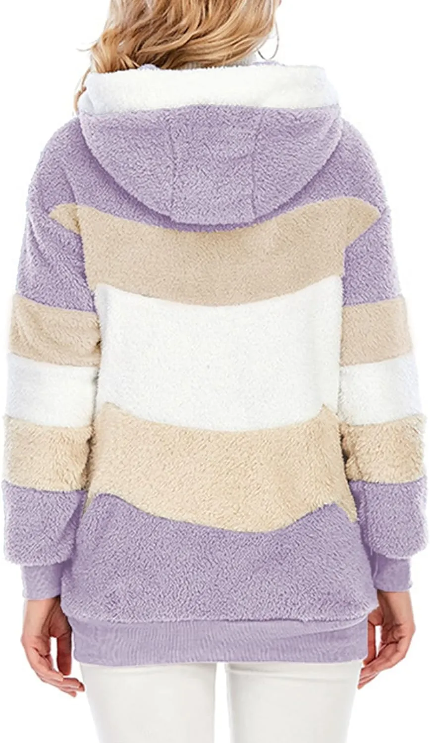 Dokotoo Womens 2024 Winter Fuzzy Fleece Jacket Hooded Color Block Patchwork Cardigan Coats Outerwear with Pockets