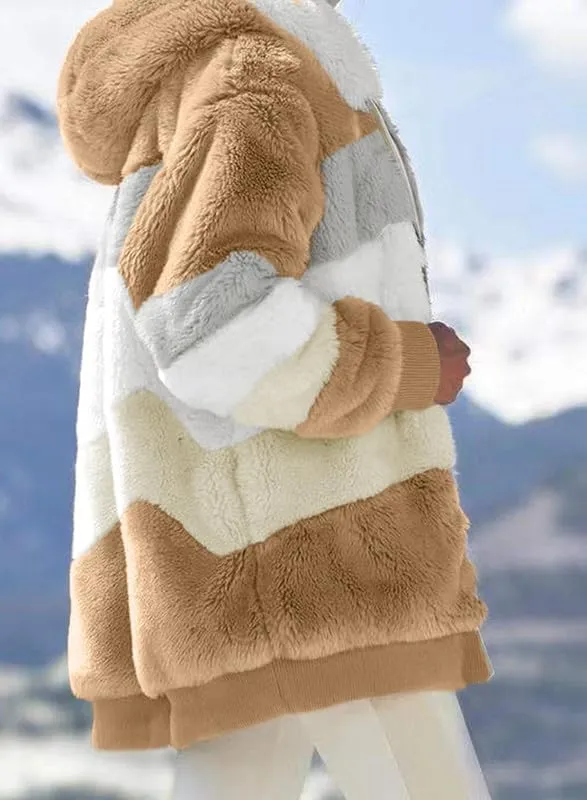 Dokotoo Womens 2024 Winter Fuzzy Fleece Jacket Hooded Color Block Patchwork Cardigan Coats Outerwear with Pockets