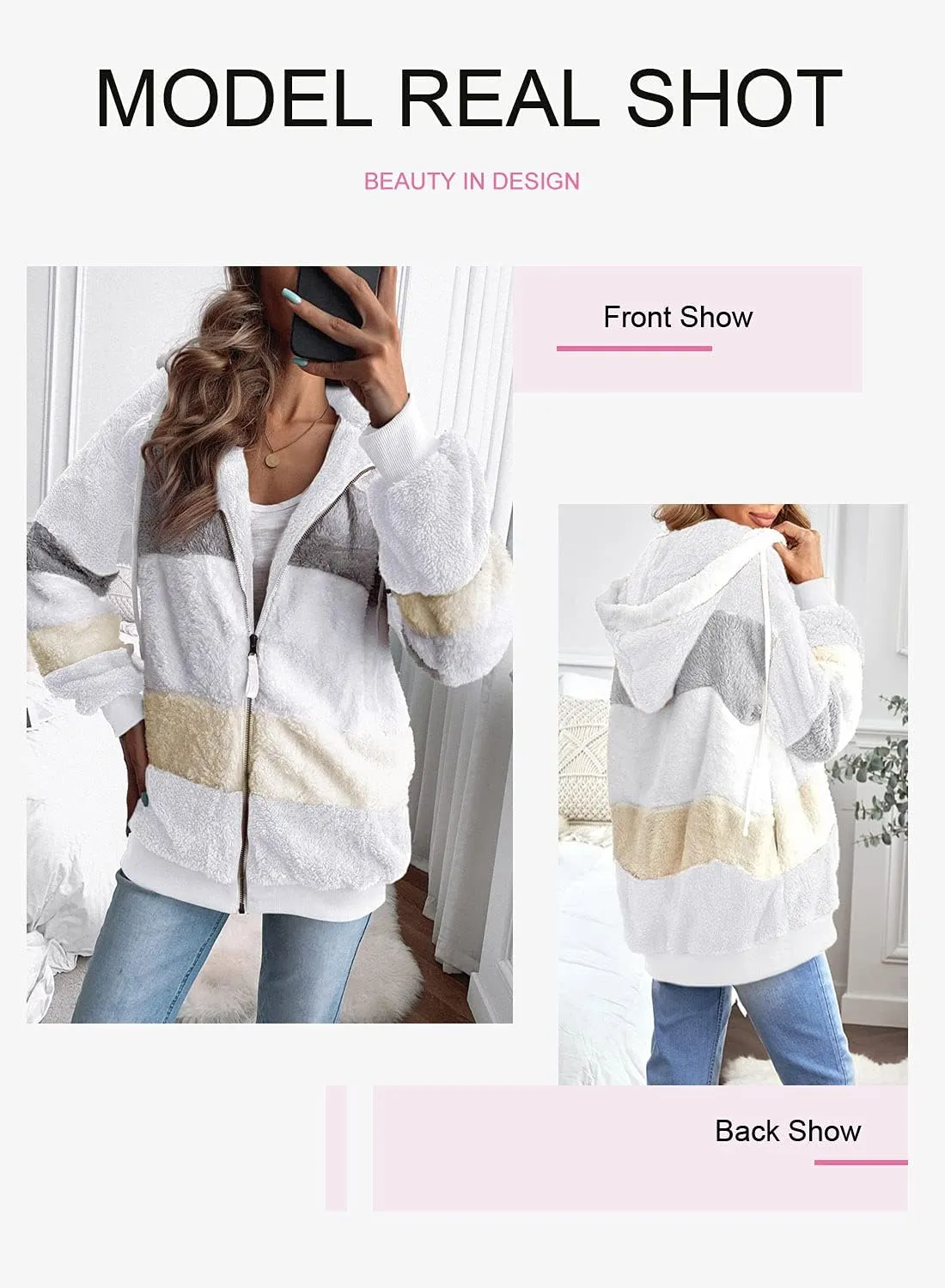 Dokotoo Womens 2024 Winter Fuzzy Fleece Jacket Hooded Color Block Patchwork Cardigan Coats Outerwear with Pockets