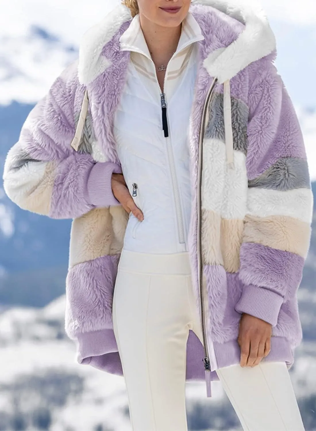 Dokotoo Womens 2024 Winter Fuzzy Fleece Jacket Hooded Color Block Patchwork Cardigan Coats Outerwear with Pockets
