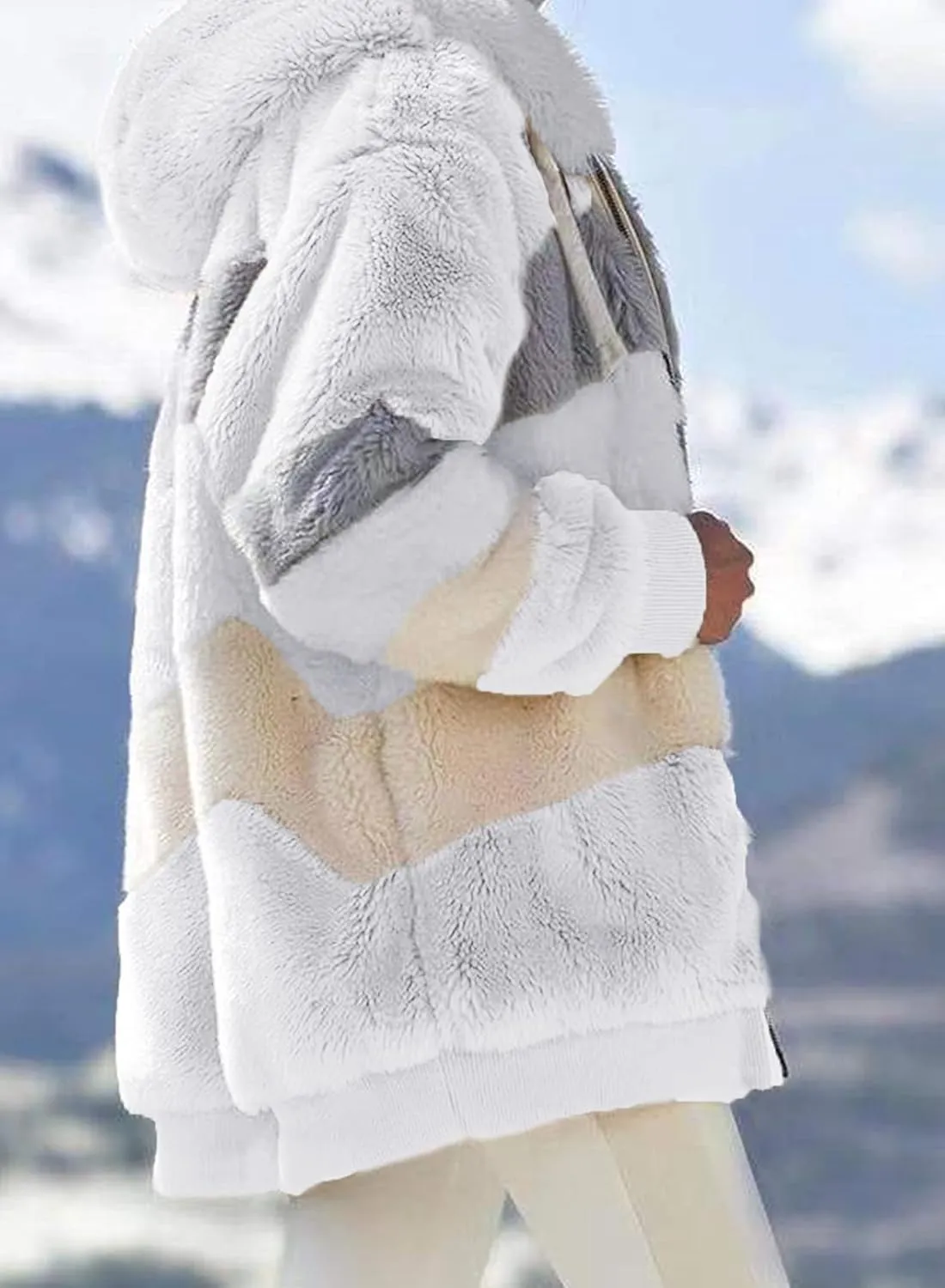 Dokotoo Womens 2024 Winter Fuzzy Fleece Jacket Hooded Color Block Patchwork Cardigan Coats Outerwear with Pockets