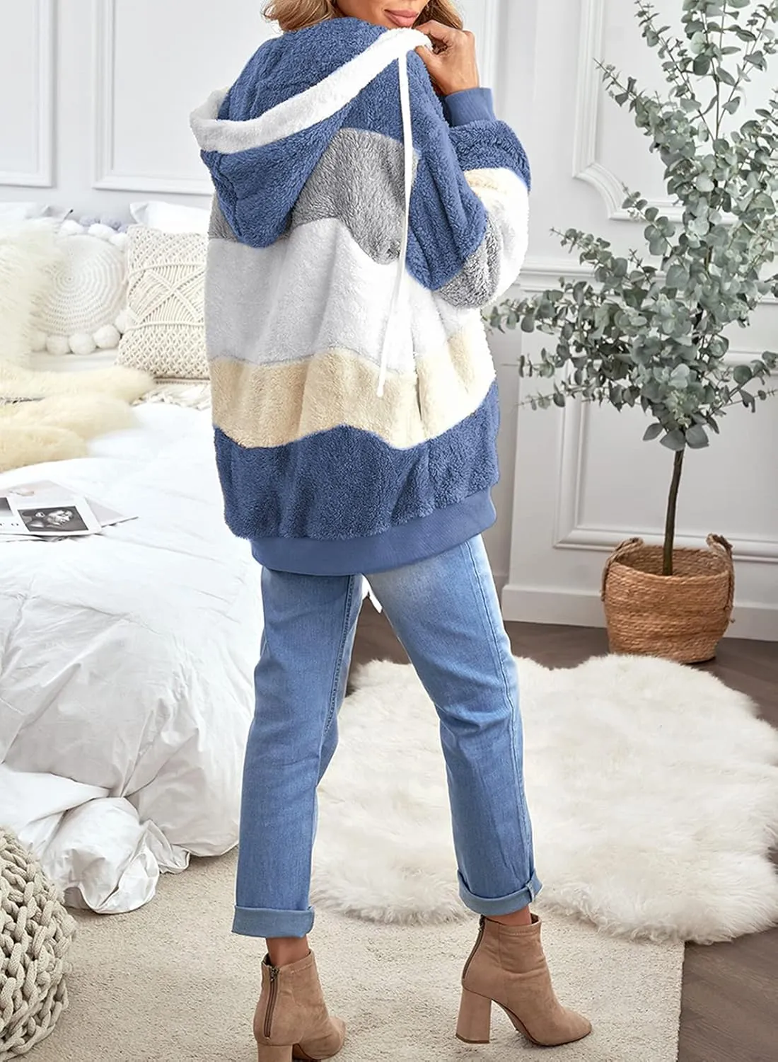 Dokotoo Womens 2024 Winter Fuzzy Fleece Jacket Hooded Color Block Patchwork Cardigan Coats Outerwear with Pockets
