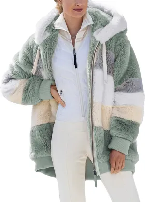 Dokotoo Womens 2024 Winter Fuzzy Fleece Jacket Hooded Color Block Patchwork Cardigan Coats Outerwear with Pockets