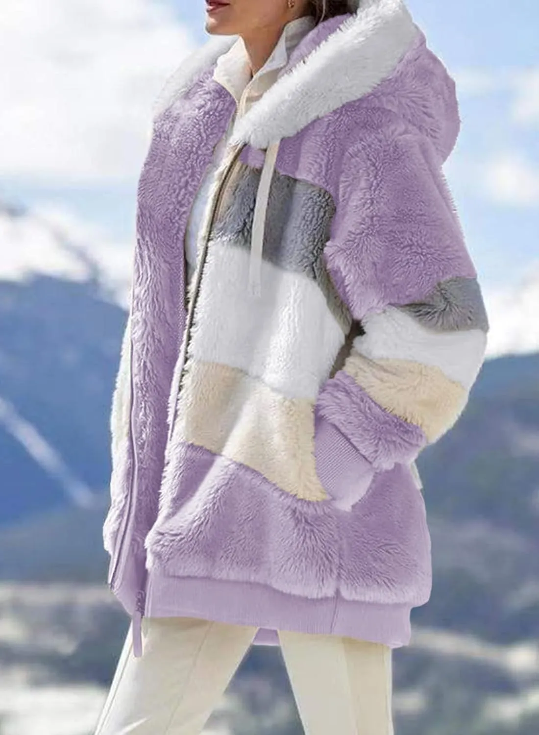 Dokotoo Womens 2024 Winter Fuzzy Fleece Jacket Hooded Color Block Patchwork Cardigan Coats Outerwear with Pockets