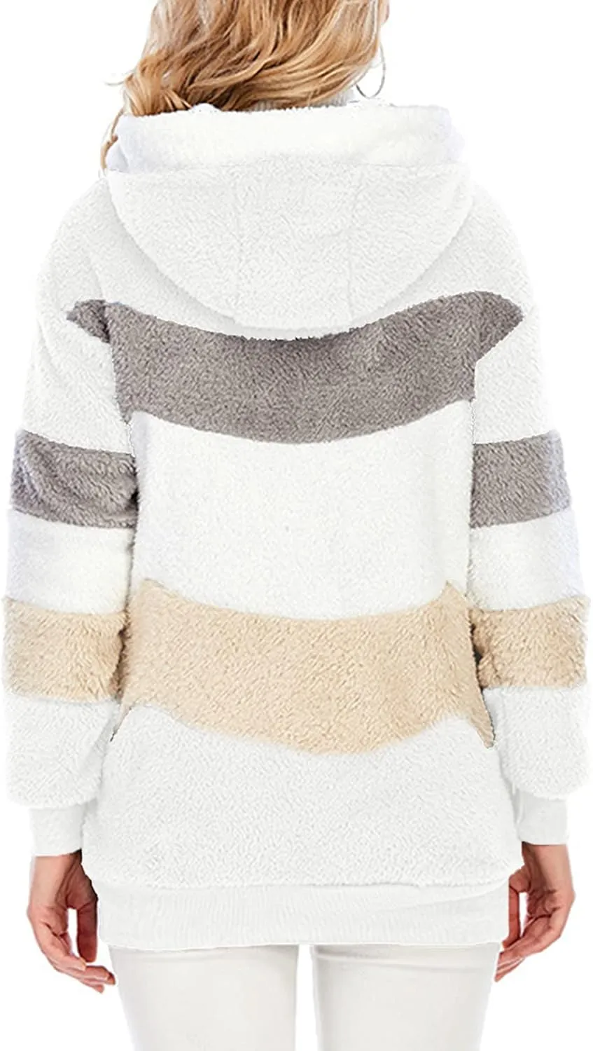 Dokotoo Womens 2024 Winter Fuzzy Fleece Jacket Hooded Color Block Patchwork Cardigan Coats Outerwear with Pockets