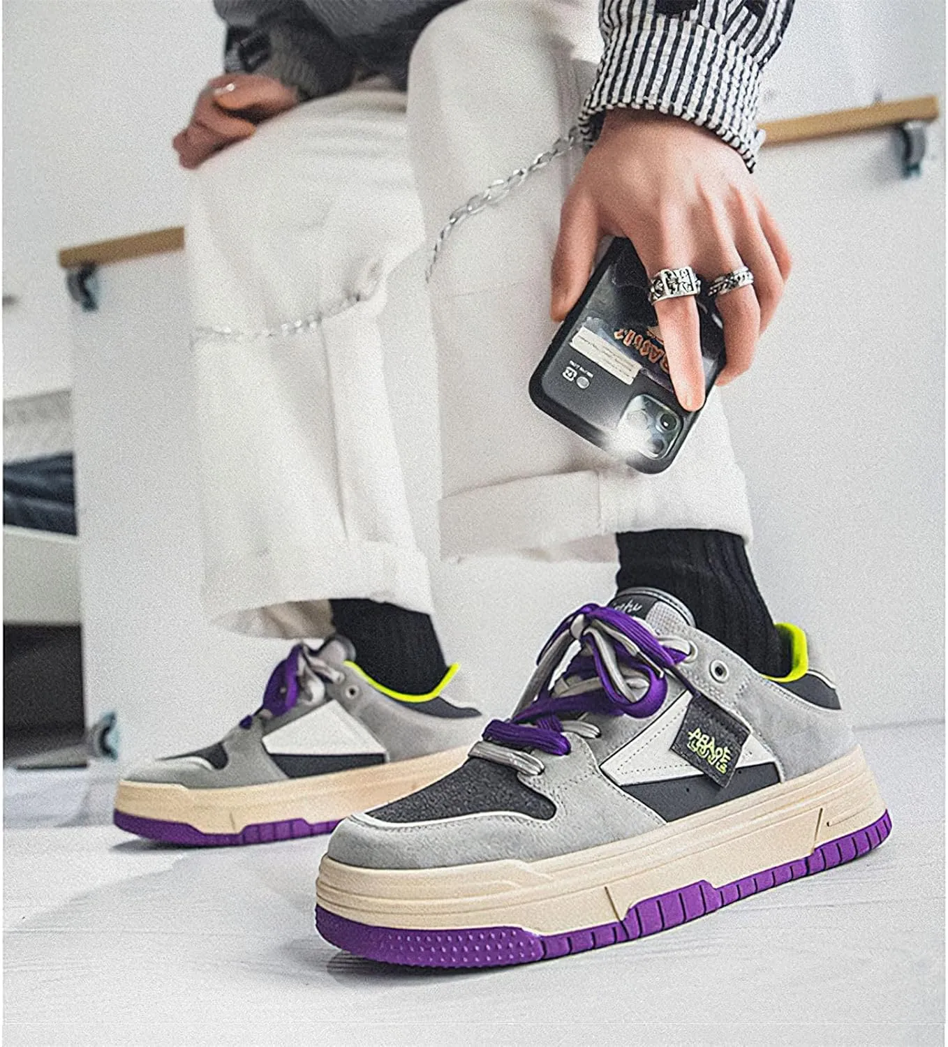 Exusiai Men's Trendy Color Block Skateboarding Shoes Fashion Casual Chunky Sneakers Walking Breathable Platform Shoes Comfortable Tennis