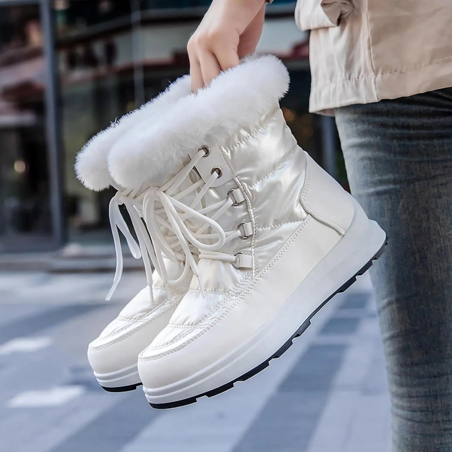 Fashion Women Winter Water Proof Flat Lace Up Keep Warm Snow Boots Comfortable Mid Boots Shoes Flat Snow Boots for Women