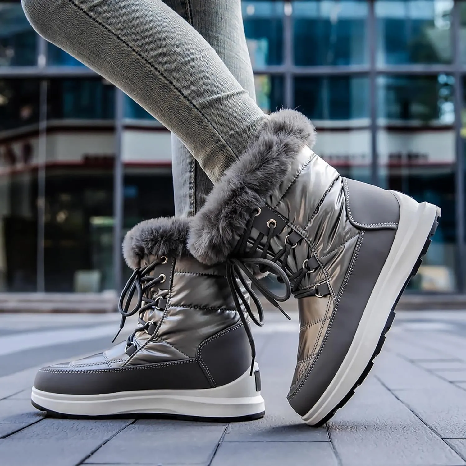 Fashion Women Winter Water Proof Flat Lace Up Keep Warm Snow Boots Comfortable Mid Boots Shoes Flat Snow Boots for Women