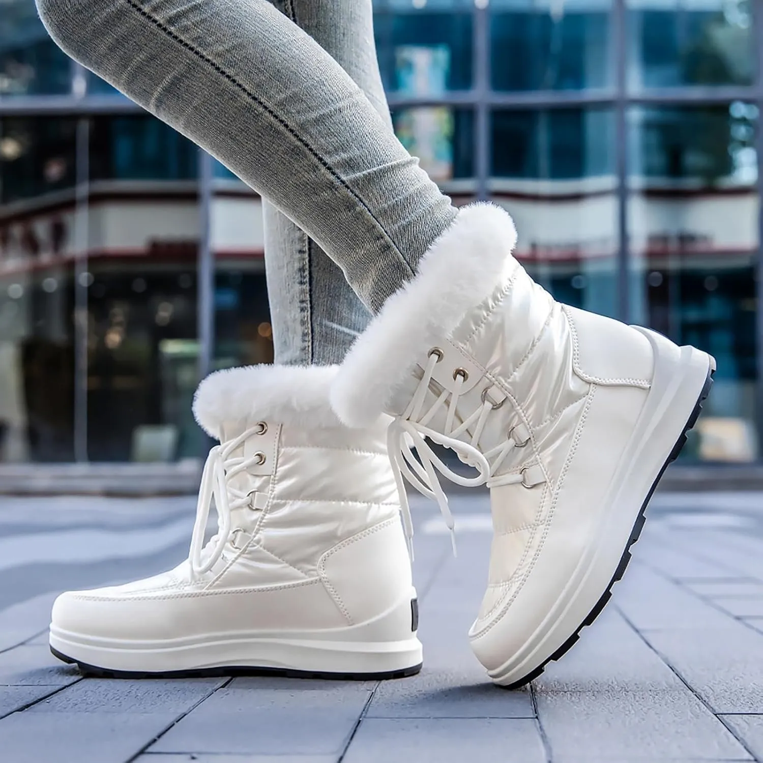 Fashion Women Winter Water Proof Flat Lace Up Keep Warm Snow Boots Comfortable Mid Boots Shoes Flat Snow Boots for Women