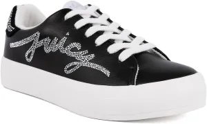 Juicy Couture Women's Platform Sneaker Glitter Script Logo  Casual Lace-Up Shoes for Everyday Style - Aurelie