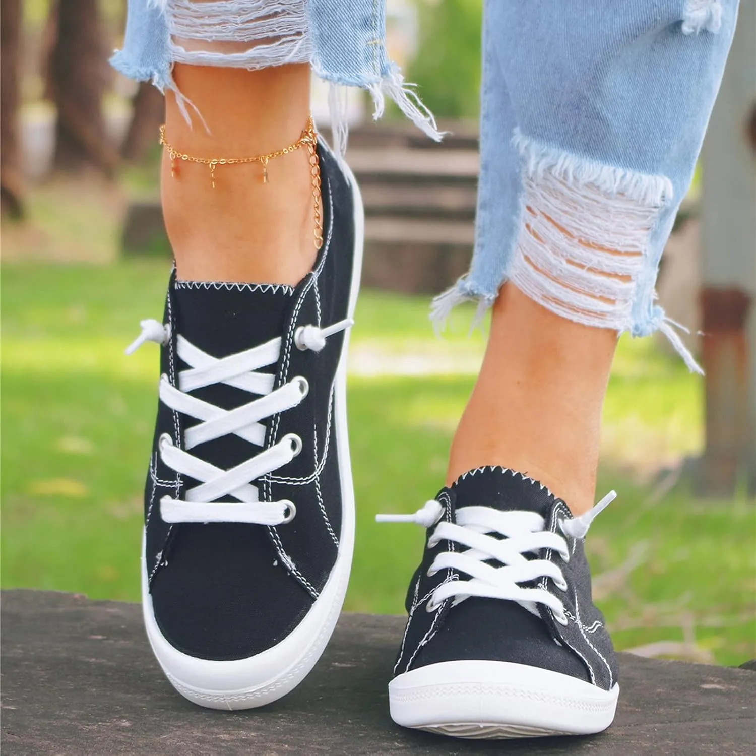 Ladies Canvas Casual Walking Shoes Breathable Non Slip Comfortable Lighweight Sneakers Low Top Slip on Lace up Soft Sole Outdoor Sports Shoes for Women