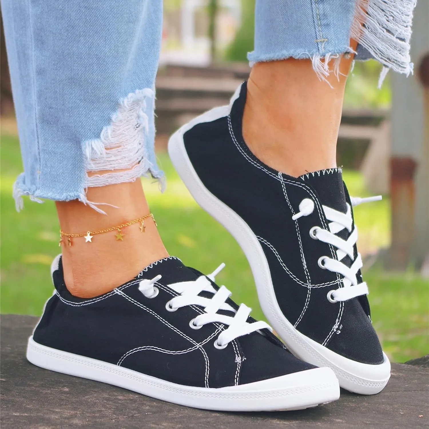 Ladies Canvas Casual Walking Shoes Breathable Non Slip Comfortable Lighweight Sneakers Low Top Slip on Lace up Soft Sole Outdoor Sports Shoes for Women