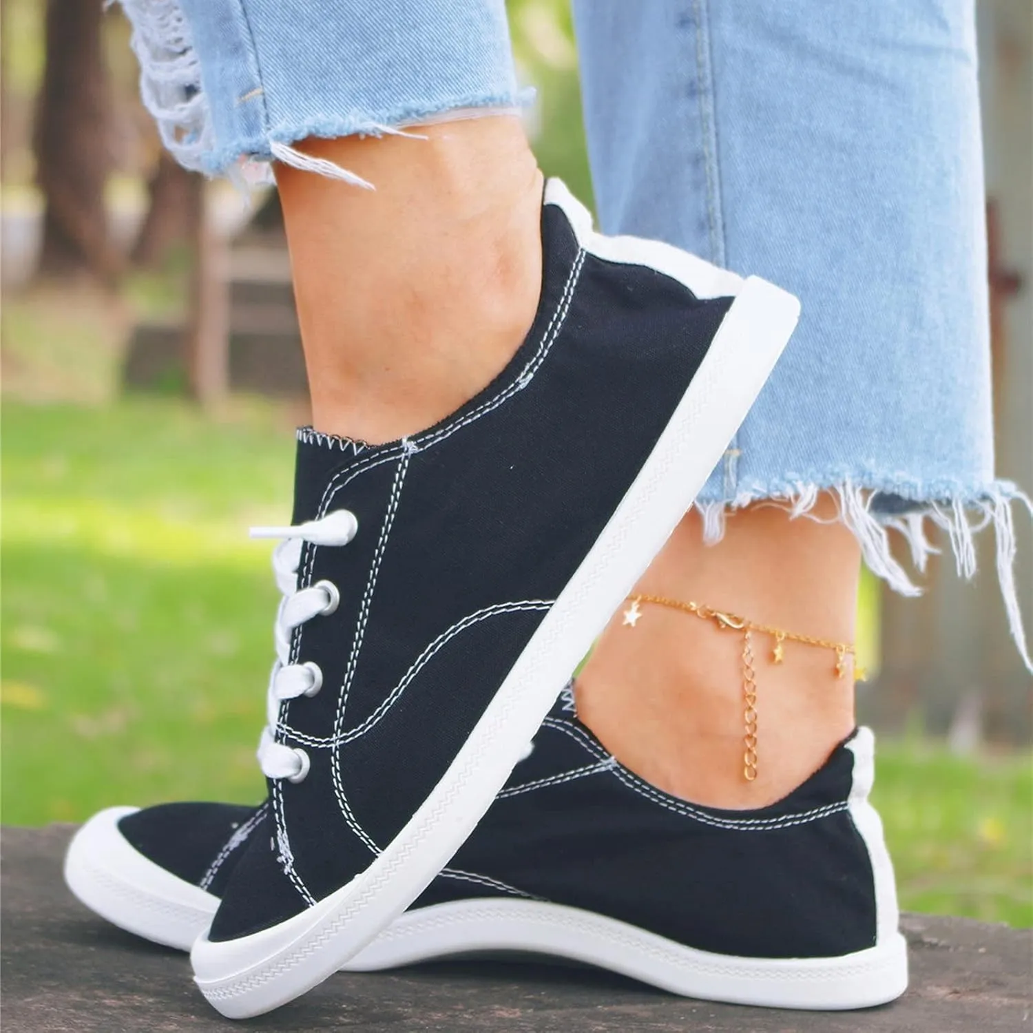 Ladies Canvas Casual Walking Shoes Breathable Non Slip Comfortable Lighweight Sneakers Low Top Slip on Lace up Soft Sole Outdoor Sports Shoes for Women