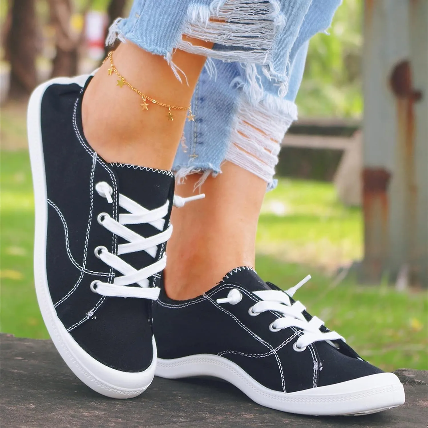 Ladies Canvas Casual Walking Shoes Breathable Non Slip Comfortable Lighweight Sneakers Low Top Slip on Lace up Soft Sole Outdoor Sports Shoes for Women