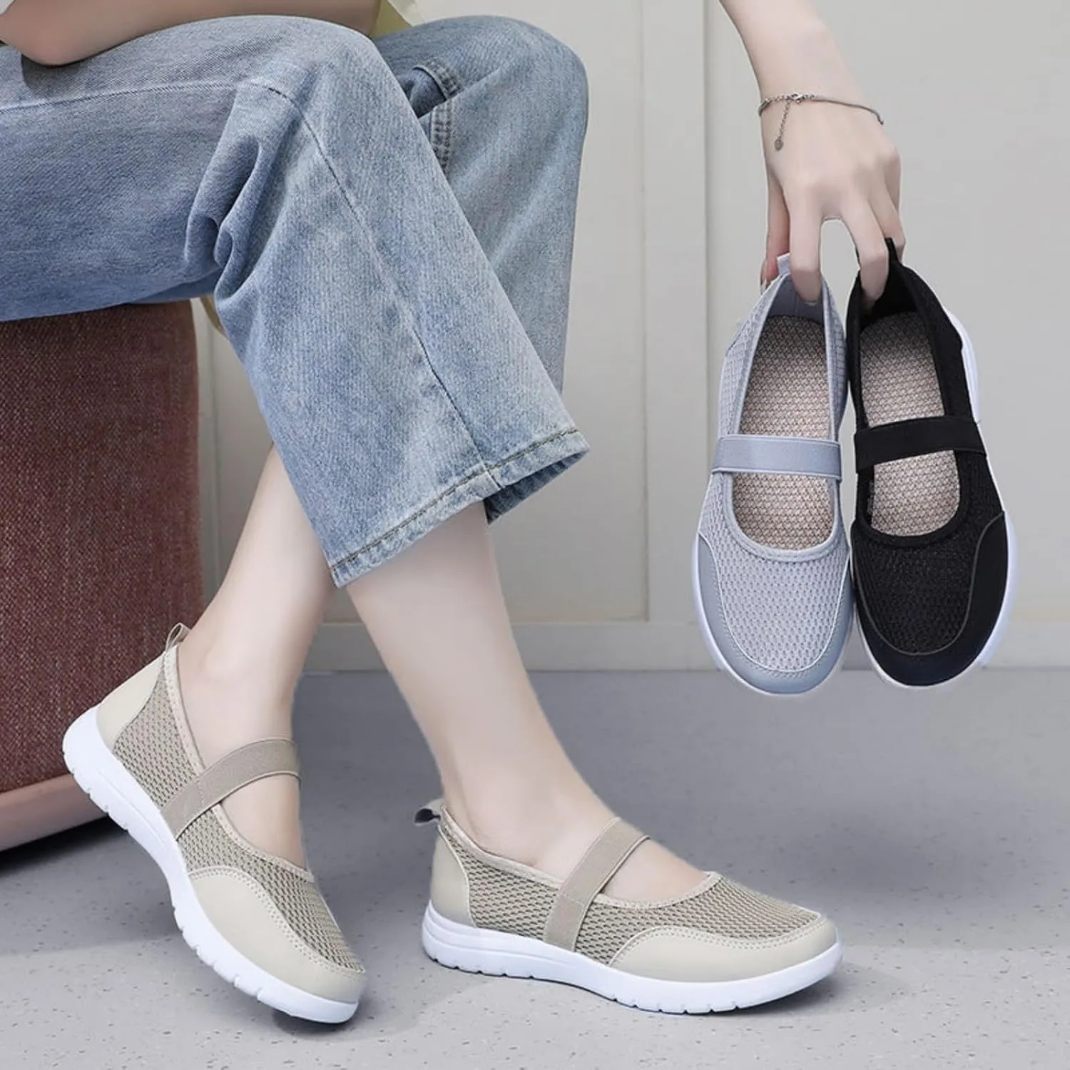 Ladies Woven Shoes Slip-on Flat Heel Fashion Sneakers Loafers Solid Color Lightweight Round Toe Sneakers Thick Sole Casual Outdoor Walking Shoe for Women