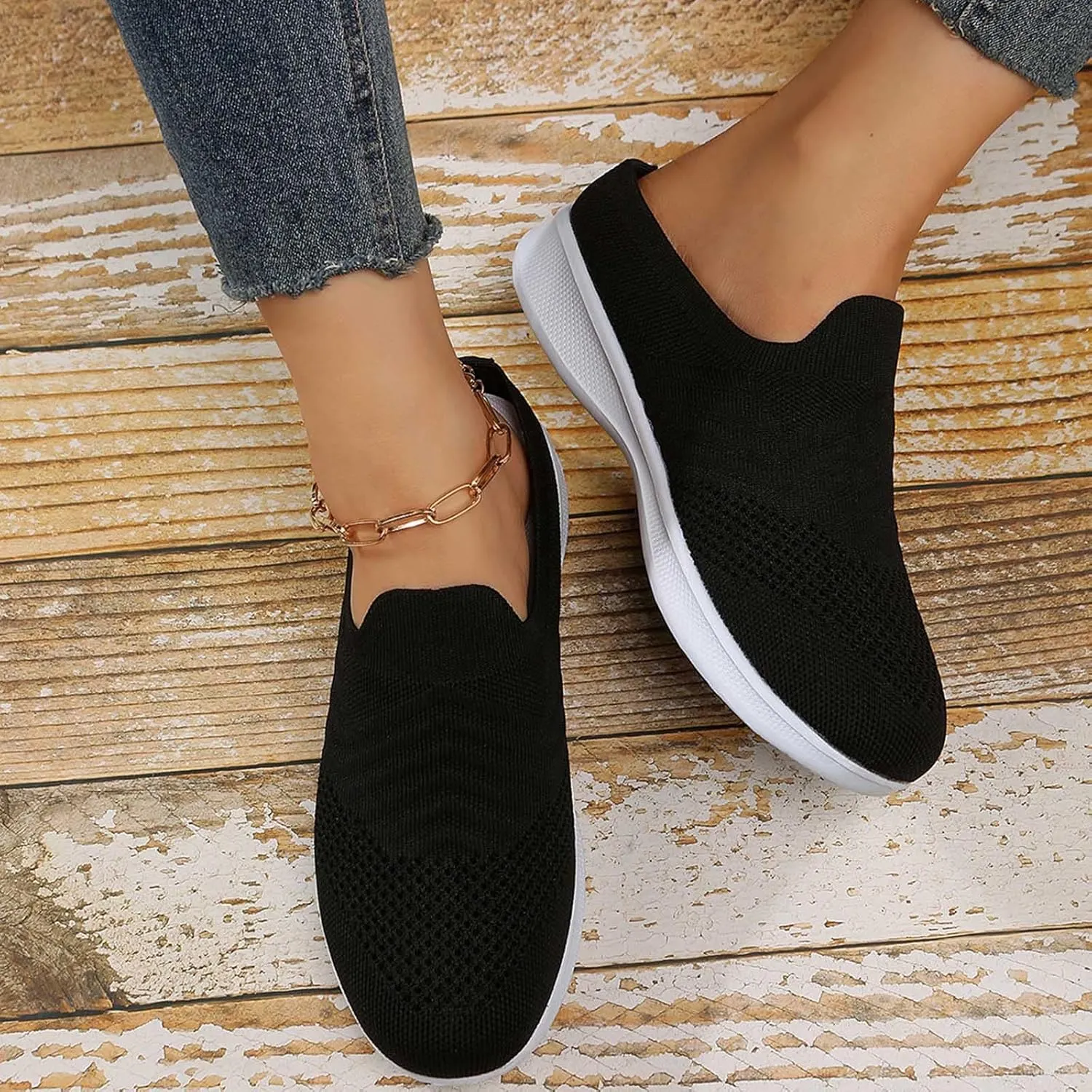 Leisure Women's Slip On Travel Soft Sole Comfortable Shoes Outdoor Mesh Runing Fashion Casual Shoes for Women Winter (Black, 7)