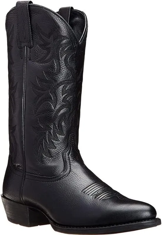 Mens Brown Cowboy Boots Classic Embroidered Snip Toe Wide Calf Mid-Cylinder Leather Country Western Boots Men's Work Boots