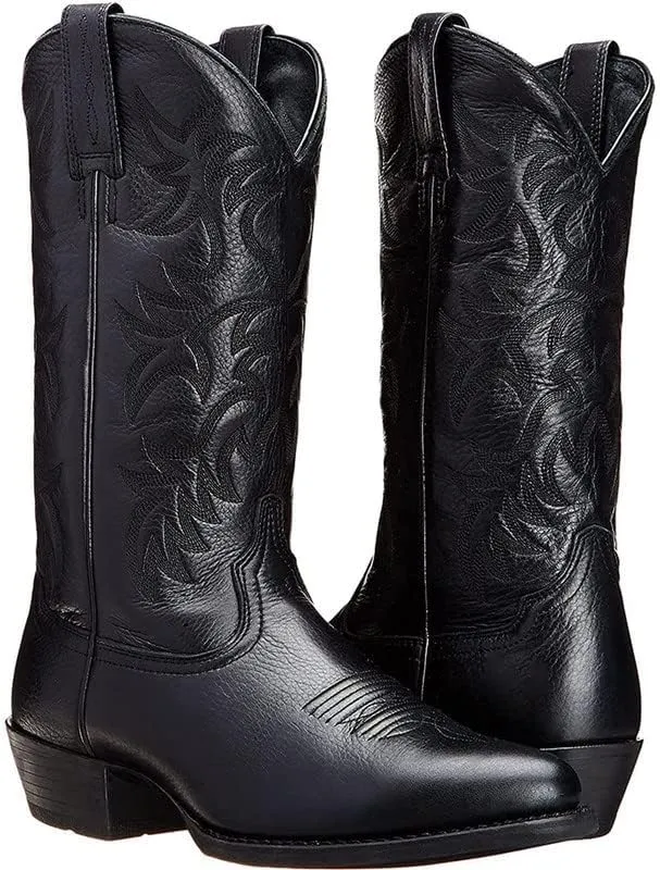 Mens Brown Cowboy Boots Classic Embroidered Snip Toe Wide Calf Mid-Cylinder Leather Country Western Boots Men's Work Boots
