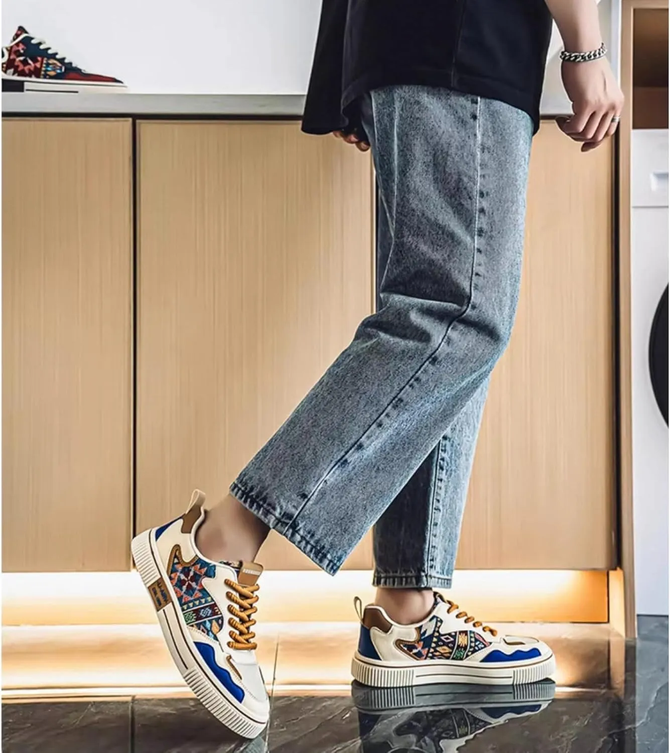 Men's Floral Pattern Skate Shoes Color Block Low Top Comfortable Walking Sneakers Non-Slip Fashion Casual Shoes