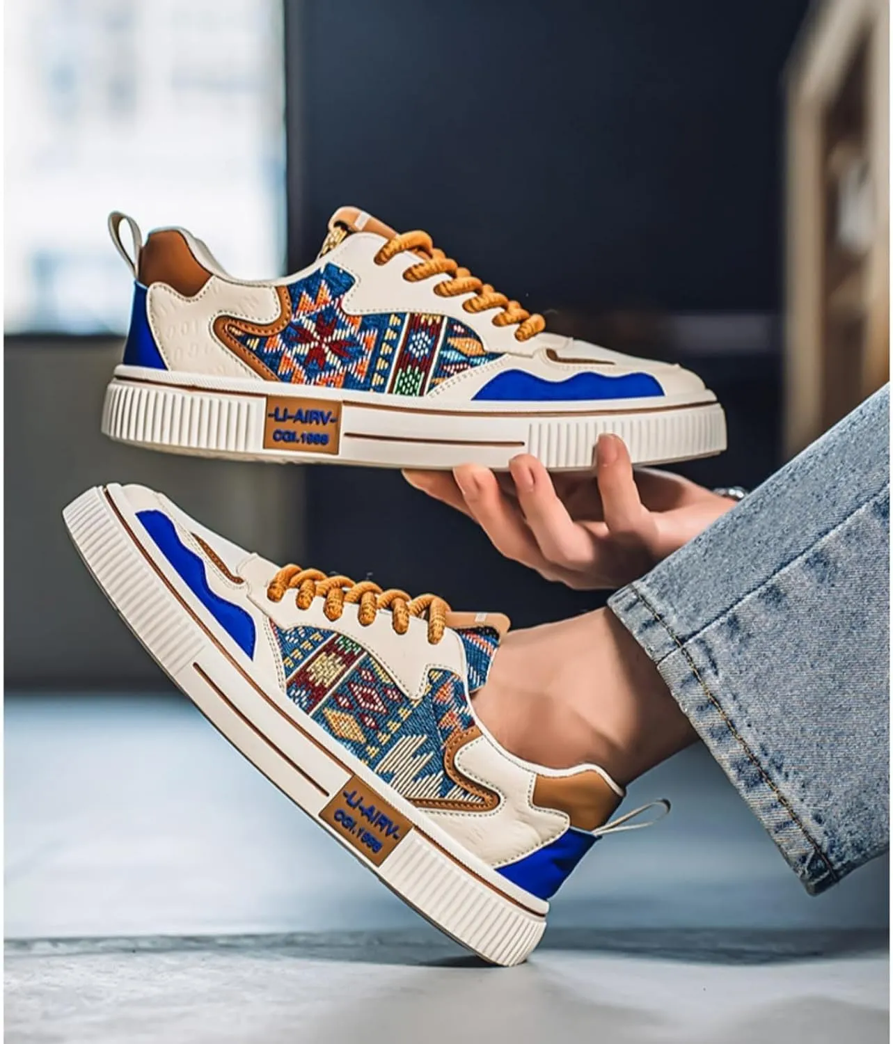 Men's Floral Pattern Skate Shoes Color Block Low Top Comfortable Walking Sneakers Non-Slip Fashion Casual Shoes