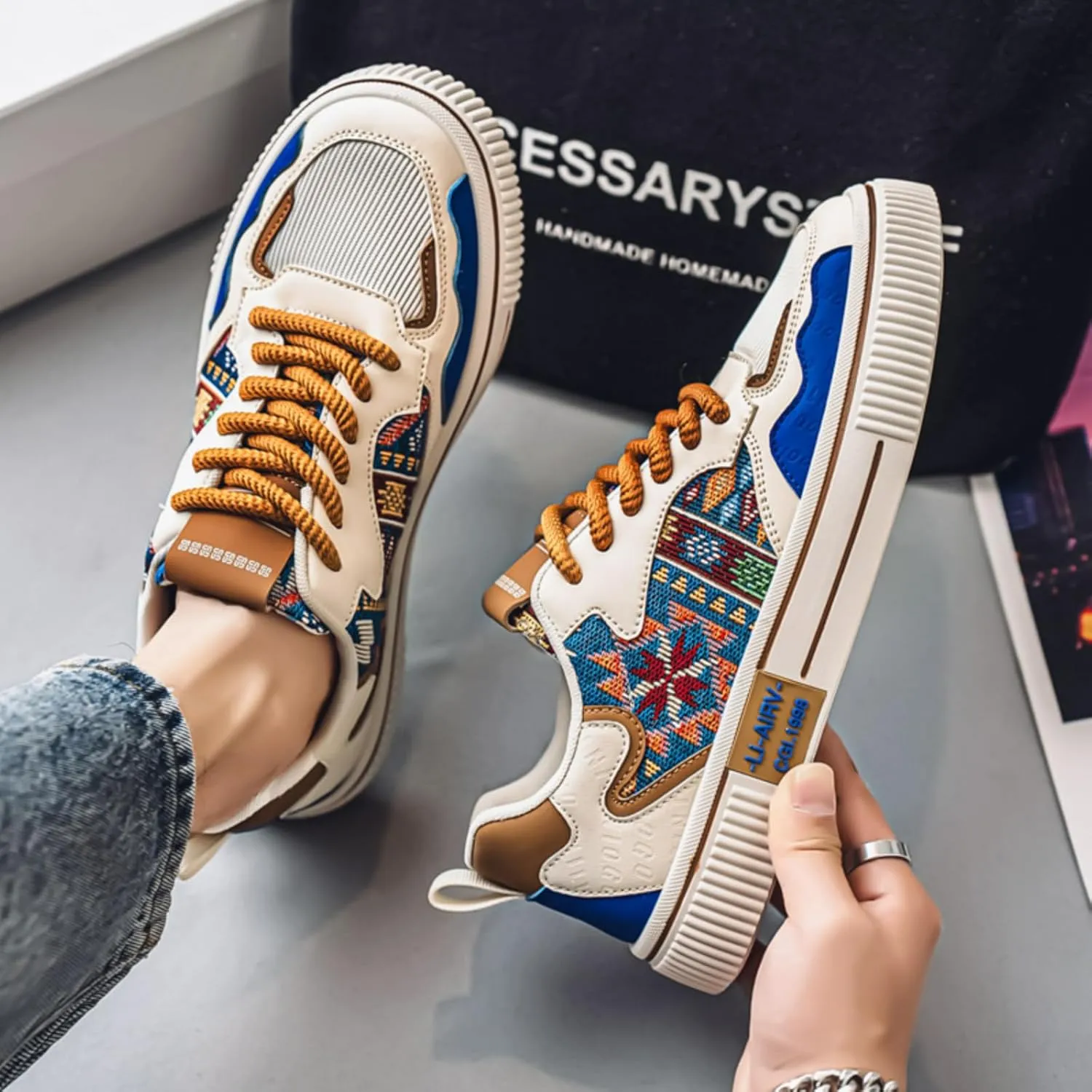 Men's Floral Pattern Skate Shoes Color Block Low Top Comfortable Walking Sneakers Non-Slip Fashion Casual Shoes