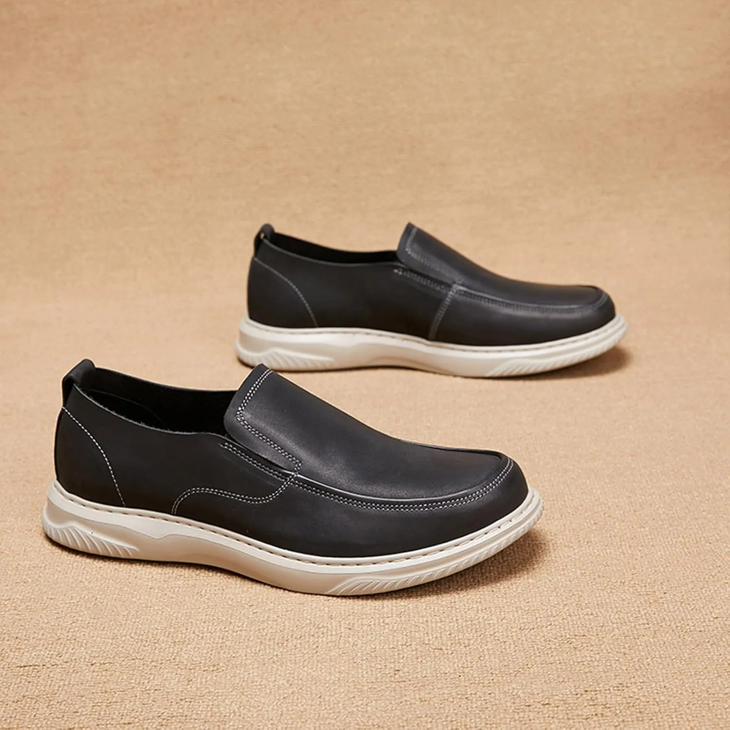 Mens Genuine Leather Round Toe Fashion Loafers Lightweight Comfortable Slip On Outdoor Casual Driving Work Shoes for Men