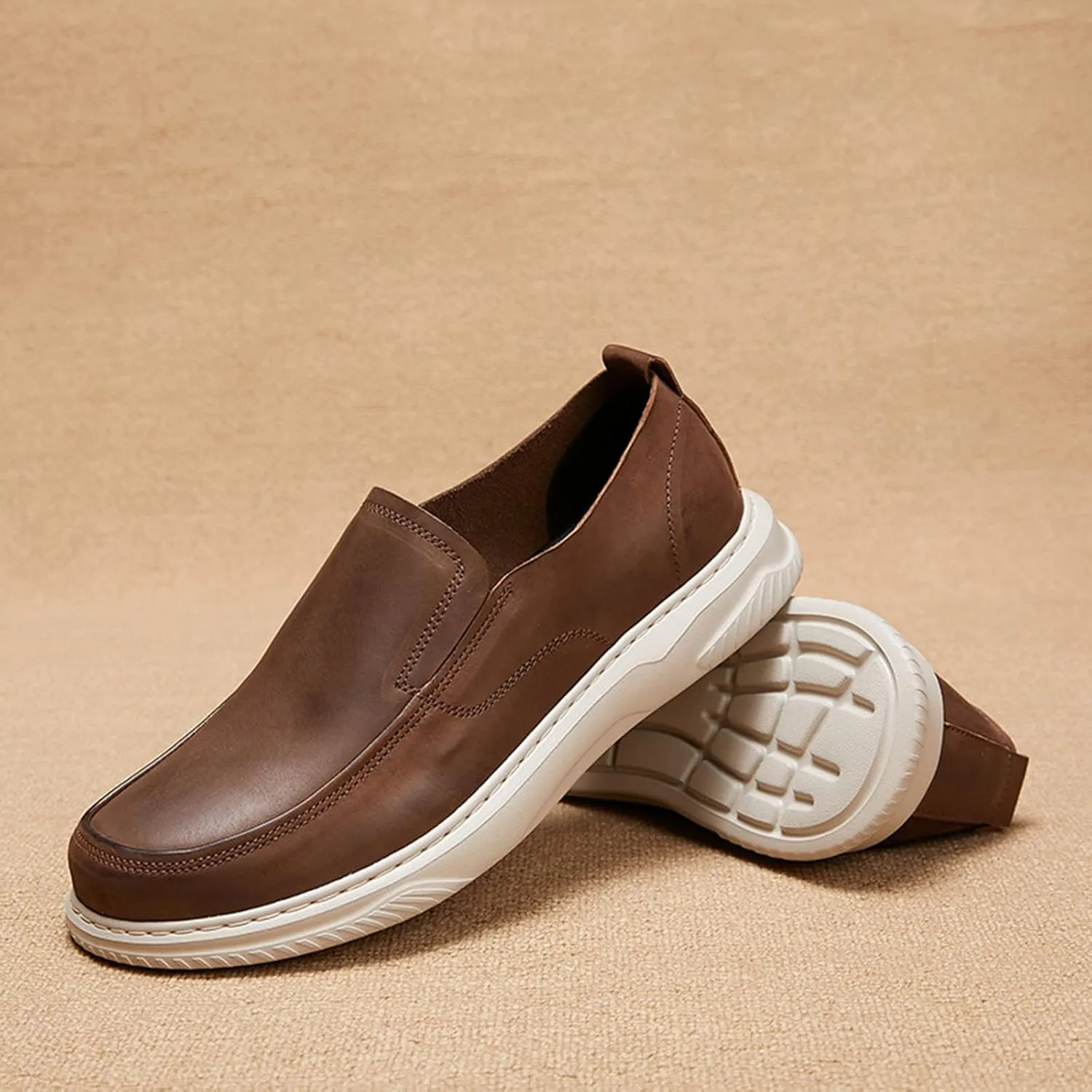 Mens Genuine Leather Round Toe Fashion Loafers Lightweight Comfortable Slip On Outdoor Casual Driving Work Shoes for Men