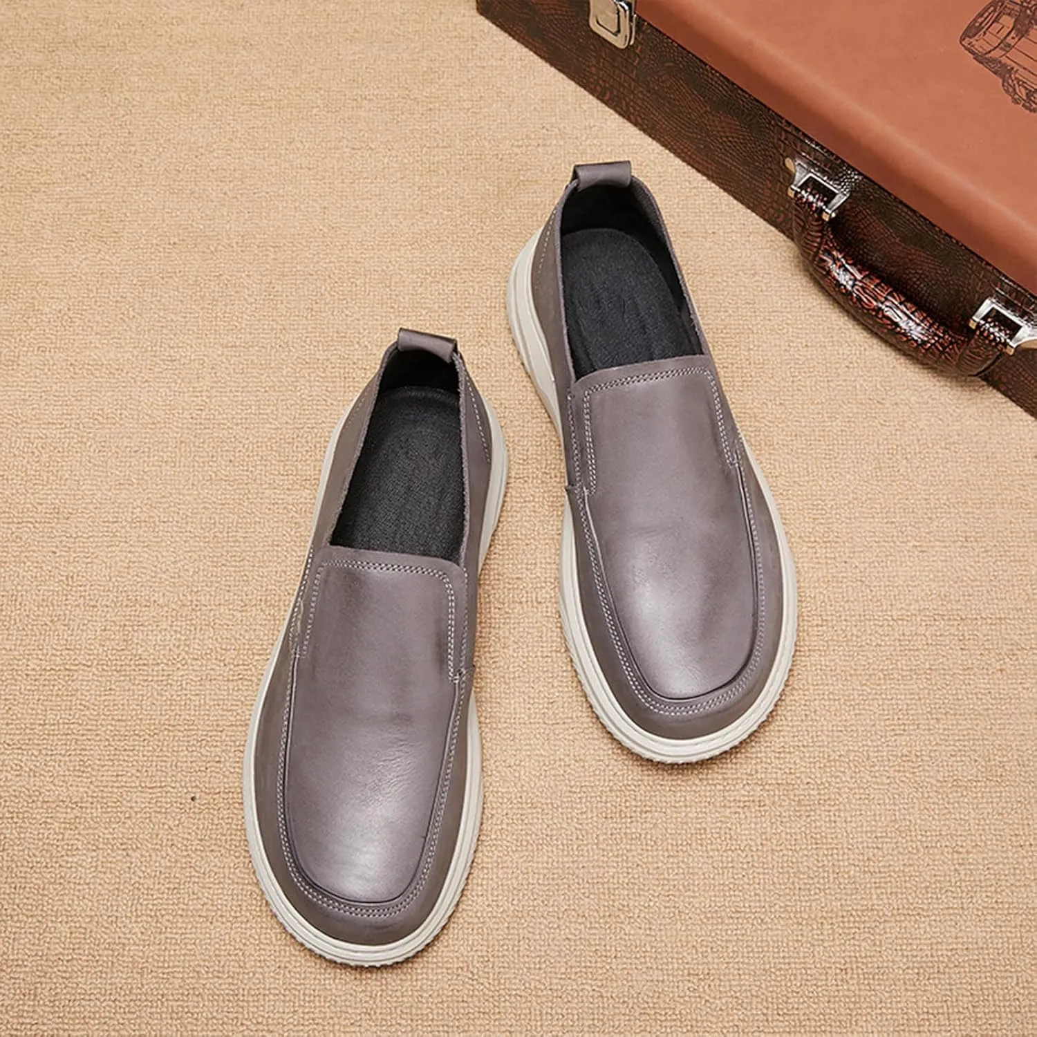 Mens Genuine Leather Round Toe Fashion Loafers Lightweight Comfortable Slip On Outdoor Casual Driving Work Shoes for Men
