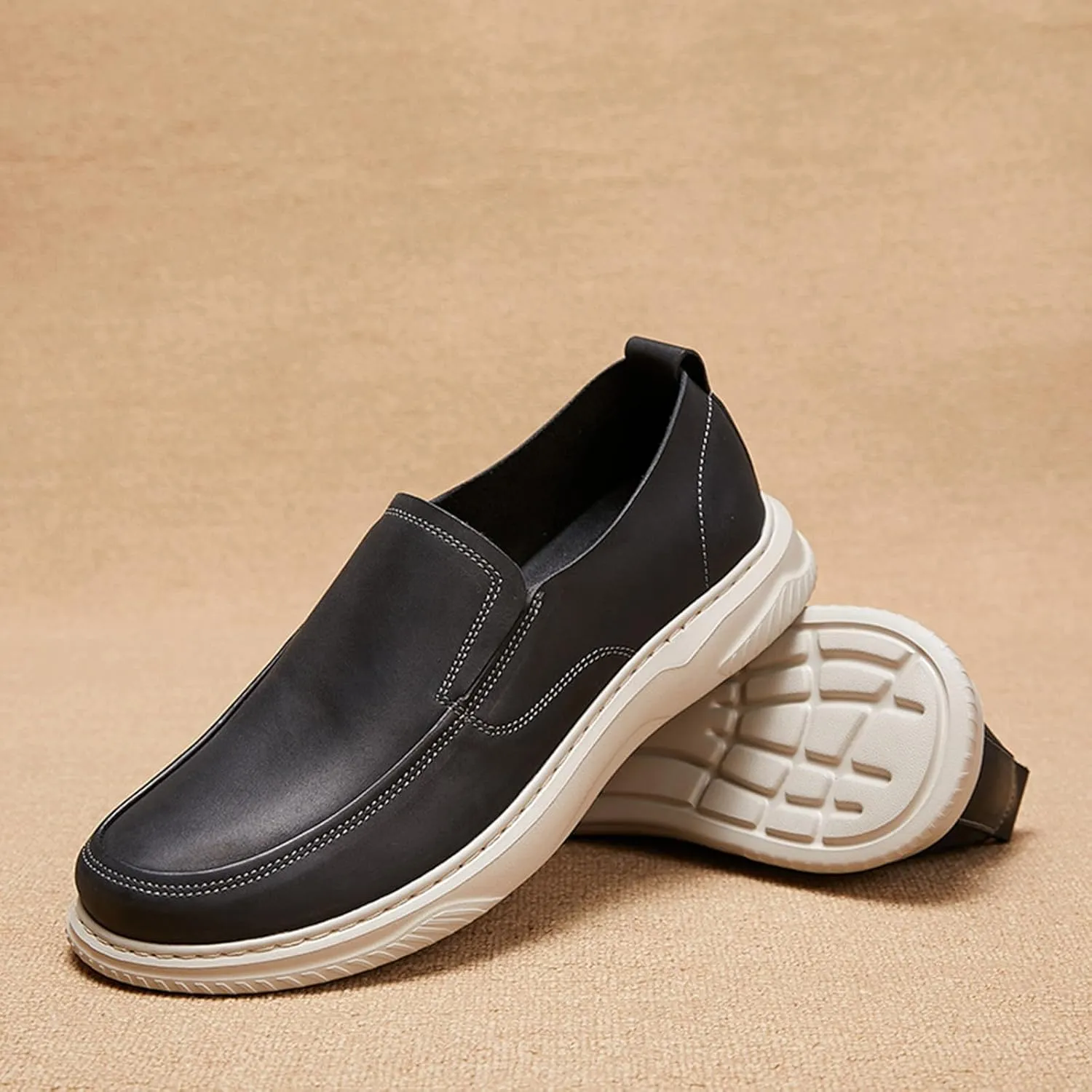 Mens Genuine Leather Round Toe Fashion Loafers Lightweight Comfortable Slip On Outdoor Casual Driving Work Shoes for Men