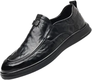 Men's Leather Flat Vintage Round Toe Soft Sole Non-Slip Slip-On Formal Business Work Driving Walking Shoes