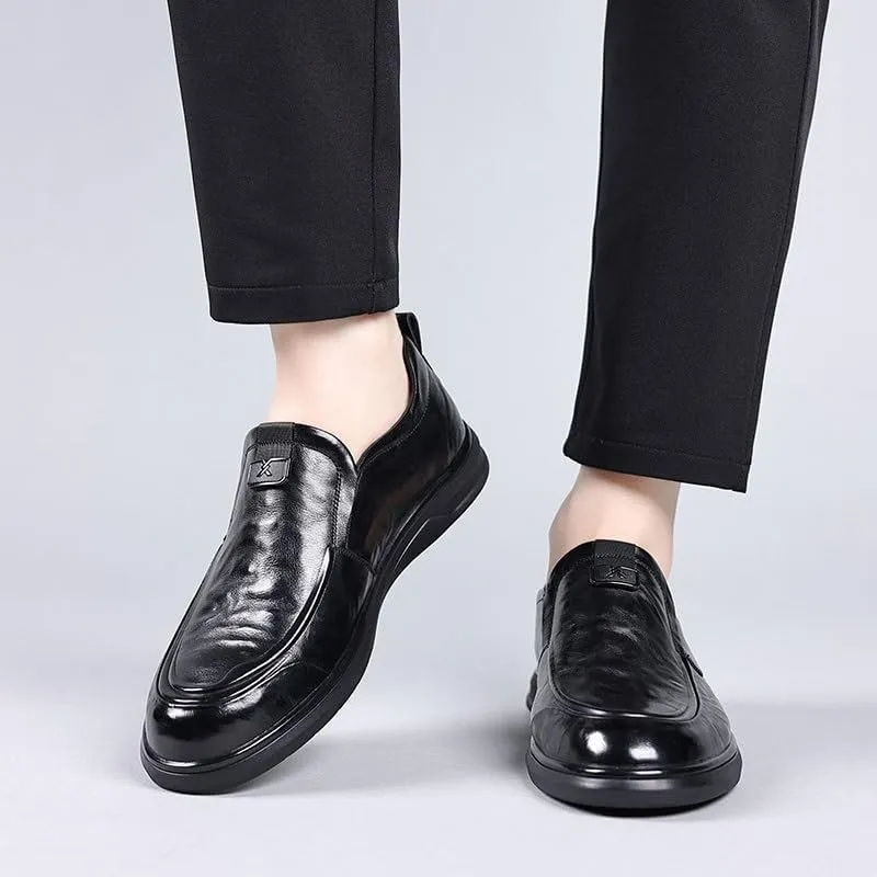 Men's Leather Flat Vintage Round Toe Soft Sole Non-Slip Slip-On Formal Business Work Driving Walking Shoes