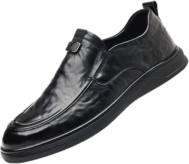 Men's Leather Flat Vintage Round Toe Soft Sole Non-Slip Slip-On Formal Business Work Driving Walking Shoes